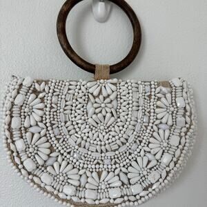 ZARA White Beaded Boho Half Moon Wooden Top Handle Convertible Bag Chain Strap